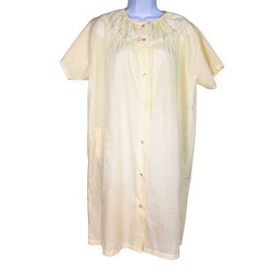 Vintage Katz Womens L Housecoat Yellow Short Sleeve Embroidered Sleep Coa